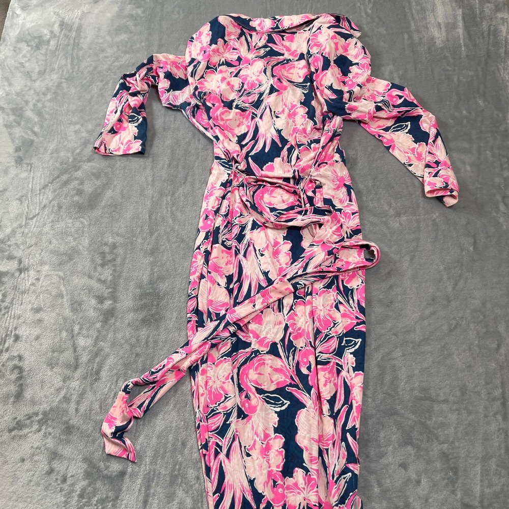 Lilly Pulitzer Pink Navy Floral Flamingo Maxi Dress Long Sleeve Small - Picture 8 of 8